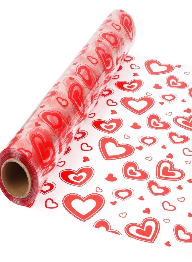 JOFONY Valentine's Day Cellophane Wrap,98’ Ft. Long X 31” in. Wide Crystal Clear with Red Hearts Packaging Wrapping Paper For Birthdays Gift Holidays Rose Flower - Image 1